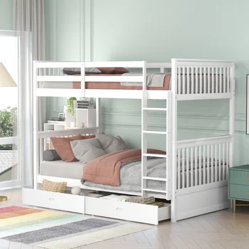 Двухъярусная кровать Twin-Over-Twin с приставными лестницами и двумя ящиками для хранения вещей (белая) Массив белого дерева [на складе в США]