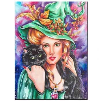 Зеленая шляпа женщина черный кот DIY 5D Алмазная живопись Набор для вышивания Полная дрель алмазная вышивка Мозаика искусство рукоделия k1961