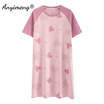 Летняя ночная рубашка с принтом в виде сердца 3XL, модное домашнее платье, трикотажное хлопковое нижнее белье, женская ночная рубашка в корейском стиле Каваи