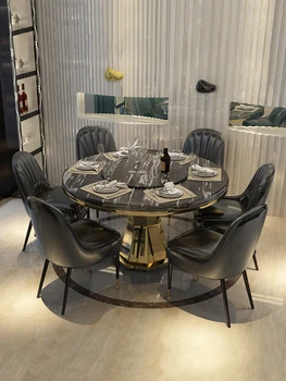 Роскошное сочетание обеденного стола и стула из мрамора, современный простой круглый стол, круглый стол с поворотным столом, маленький семейный столик
