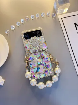 Для Samsung Galaxy Z Flip Fold 4 3 5G F7110 F7070 Роскошная хрустальная подставка с бриллиантами и жемчугом чехол для телефона на запястье