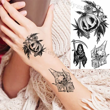 Временные татуировки в виде Черепа-Паука на Хэллоуин Для женщин, детей, реалистичных поддельных татуировок Летучей Мыши, Птицы и Волка, черных татуировок в стиле боди-арт, маленьких