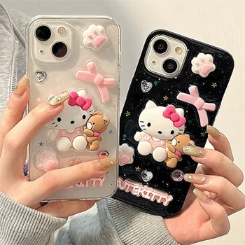 3D Sanrio Hello Kitty Милые трехмерные Чехлы Для Телефонов iPhone 14 13 12 11 Pro Max Mini 8 7 Plus SE 2023 Прозрачная Крышка