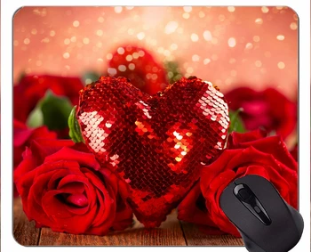 Прямоугольный коврик для мыши в форме сердца, края в виде розы на день Святого Валентина, прошитые цветами