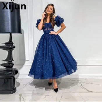 Xijun С открытыми плечами, блестящее темно-синее тюлевое вечернее платье чайной длины с пышными рукавами, вечернее платье для выпускного вечера, вечерние платья для женщин