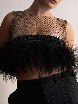 CHRONSTYLE Женский топ без рукавов в стиле пэчворк из перьев, без рукавов, в сеточку, выдалбливают Прозрачную майку, Уличная одежда для вечеринок и клубов 2023 года