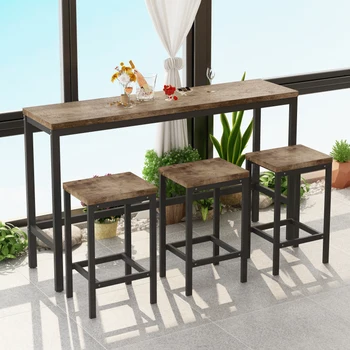 Кухонный обеденный стол современного дизайна, Стол для паба, Длинный Обеденный стол с 3 Табуретками, Простая сборка, Натуральный