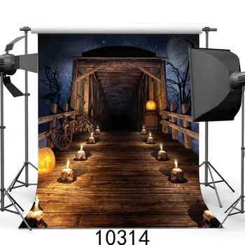 Фон для Хэллоуина Деревянный мост Черепа Свечи Фоны для фотосъемки Странные фоны для фотостудии для вечеринки на заказ 3D