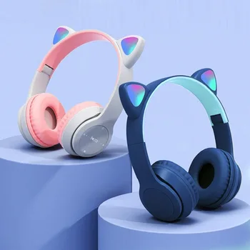Милые наушники с кошачьими ушками Bluetooth Со светодиодной вспышкой Стерео Складные Беспроводные гарнитуры с микрофоном TF FM Для детей Подарки для девочек