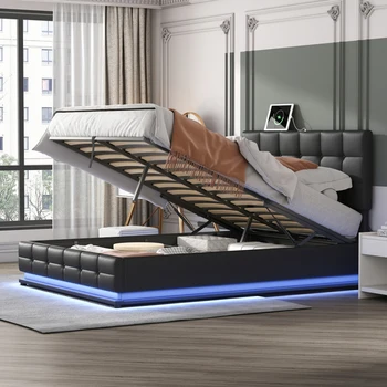 Обитая ворсом кровать-платформа с гидравлической системой хранения, кровать для хранения из полиуретана размера 