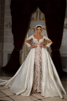 Классические Свадебные платья с жемчугом, Прозрачная иллюзия шеи, Кружевная аппликация, свадебные платья на заказ со съемным шлейфом, Vestido de novia