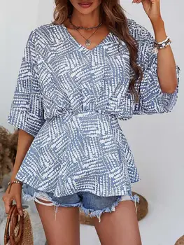 2023 Летняя Свободная блузка с принтом, Женская блузка с V-образным вырезом, рубашка с коротким рукавом, Повседневные Длинные блузки, женские