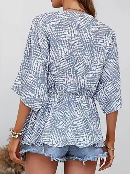 2023 Летняя Свободная блузка с принтом, Женская блузка с V-образным вырезом, рубашка с коротким рукавом, Повседневные Длинные блузки, женские 1