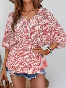 2023 Летняя Свободная блузка с принтом, Женская блузка с V-образным вырезом, рубашка с коротким рукавом, Повседневные Длинные блузки, женские 4