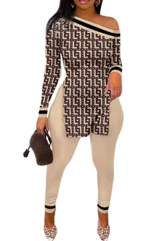 Модный женский комплект из двух предметов 2023 года, элегантный облегающий топ с диагональным воротником и леопардовым принтом, топ с разрезным подолом и брюки с длинными рукавами и леопардовым принтом
