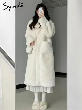 Пальто из искусственного меха Syiwidii Женская зима 2022, однобортная куртка с длинными карманами и отложным воротником, утепленная верхняя одежда в стиле харадзюку