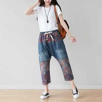 Женские свободные рваные джинсы с эластичной резинкой на талии в стиле пэчворк, женские винтажные джинсовые брюки с дырками и царапинами, женские джинсовые брюки 2019 года.