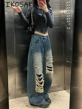 Корейская уличная одежда, рваные джинсы Hippop, Винтажные Свободные Прямые брюки Fairy Grunge Y2k, эстетичные Готические брюки Vaqueros