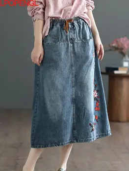 Женская хлопчатобумажная джинсовая юбка 2023 Весна-лето, Литературная ретро-юбка-трапеция с вышивкой в национальном стиле средней длины на шнурках