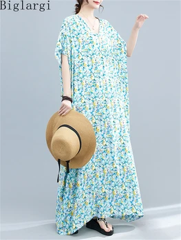 Негабаритное летнее платье большого размера, новое Женское платье с цветочным рисунком, Корейское повседневное свободное Женское пляжное платье, Женские хлопковые платья-халатики с принтом