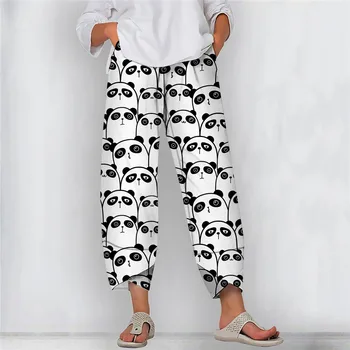 Женские широкие брюки CLOOCL с карманами, брюки с рисунком мультяшной панды, эластичный пояс, дизайн лодыжек, Летние брюки длиной до щиколотки