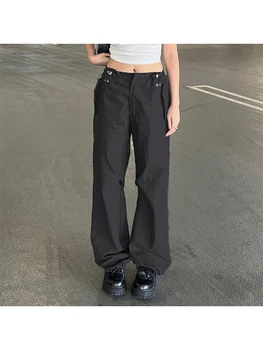 Y2K Ретро однотонные женские брюки с широкими штанинами, винтажные брюки с высокой талией и прямой завязкой, женская уличная одежда в американском стиле 2000-х годов
