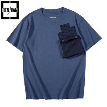 Мужская модная футболка оверсайз в стиле хип-хоп, футболки в стиле милитари, футболки свободного покроя в стиле пэчворк с карманами, топы с короткими рукавами в стиле пэчворк.