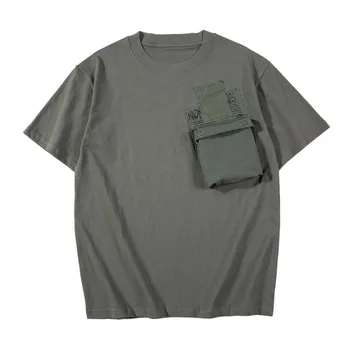 Мужская модная футболка оверсайз в стиле хип-хоп, футболки в стиле милитари, футболки свободного покроя в стиле пэчворк с карманами, топы с короткими рукавами в стиле пэчворк. 1