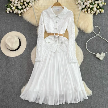 Шикарное белое кружевное платье для женщин, винтаж 2023, однобортное платье с цветочным узором на крючке, женское роскошное дизайнерское элегантное платье