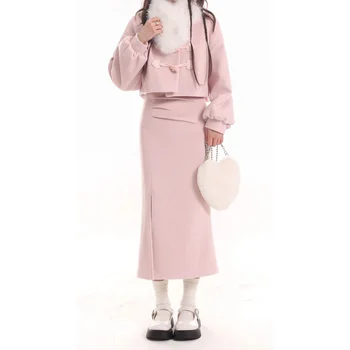 Осенне-зимний милый розовый костюм, женское пальто с шерстяным воротником и длинными рукавами, юбка с высокой талией, комплект из двух предметов, женская одежда