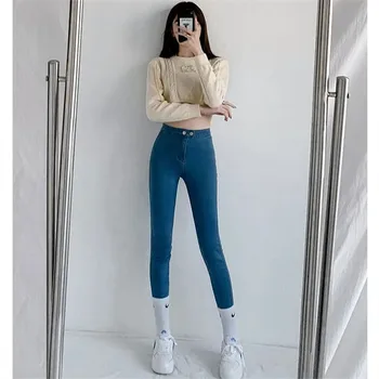 2023 Новые джинсы Slim Fit Stretch для женщин, сексуальные эластичные джинсовые брюки с высокой талией, пуш-ап, Корейские повседневные Женские брюки на молнии