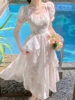Французское Темпераментное Розовое платье с пышными рукавами и цветочным рисунком, женское Летнее платье Fairy Spirit Forest System, Корейское Милое Элегантное платье