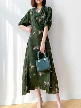 Тонкое Зеленое Платье с принтом и высокой талией, Платье Из 100% Натурального Шелка с V-образным вырезом, Длинные Элегантные Платья для Женщин, Одежда Vestido Mujer Zm3306