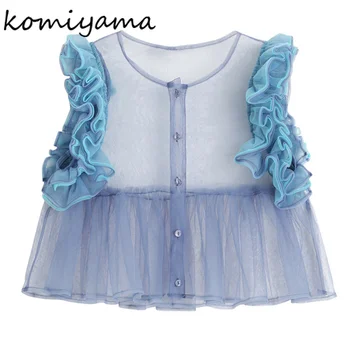 Komiyama Лоскутные сетчатые рубашки с рюшами Блузки с круглым вырезом без рукавов Blusas Mujer, однобортные рубашки, топы, Летняя одежда для женщин