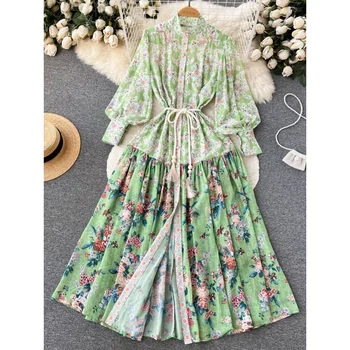 Весенние платья 2023 Праздничное платье в стиле бохо с зеленым цветком, Женское льняное платье с длинным рукавом-фонариком, Однобортный пояс, Свободные платья Макси
