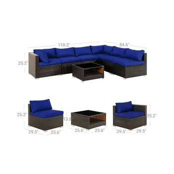 Набор мебели для патио из 7 предметов, уличный секционный диван-кушетка, Набор для разговора во внутреннем дворике из плетеного ротанга, коричневый и темно-синий 5