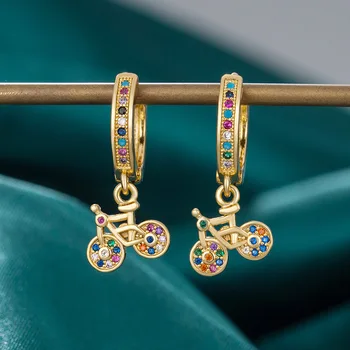Креативные велосипедные серьги-кольца с радужным цирконом для женщин и мужчин, цвет Античного золота, Уникальный подарок с длинной подвеской для свадебной вечеринки, пряжка для ушей