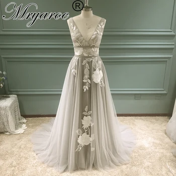 Mryarce Изумительные кружевные цветочные аппликации Серое свадебное платье с V-образным вырезом, серебряные шикарные свадебные платья с открытой спиной
