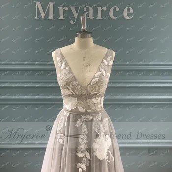 Mryarce Изумительные кружевные цветочные аппликации Серое свадебное платье с V-образным вырезом, серебряные шикарные свадебные платья с открытой спиной 1
