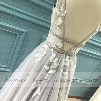 Mryarce Изумительные кружевные цветочные аппликации Серое свадебное платье с V-образным вырезом, серебряные шикарные свадебные платья с открытой спиной 3