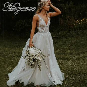 Mryarce Изумительные кружевные цветочные аппликации Серое свадебное платье с V-образным вырезом, серебряные шикарные свадебные платья с открытой спиной 4
