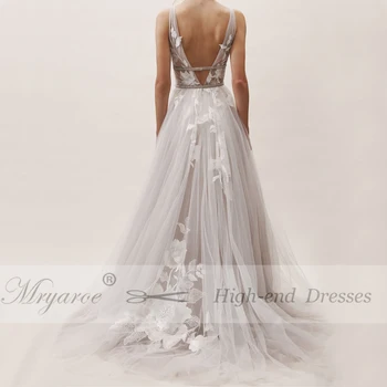 Mryarce Изумительные кружевные цветочные аппликации Серое свадебное платье с V-образным вырезом, серебряные шикарные свадебные платья с открытой спиной 5
