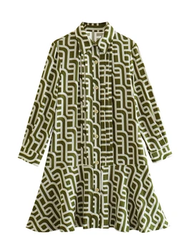 Новое летнее женское мини-платье с принтом TRAF 2023, отложной воротник, Однобортное Свободное платье 0
