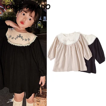 Осеннее платье в корейском стиле для маленькой девочки, Абрикосово-черное, с длинными рукавами и круглым воротником, платье принцессы с вышивкой, Детская одежда E5510