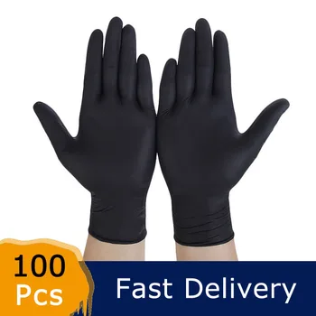 100шт Перчатки нитриловые пищевые водонепроницаемые кухонные перчатки Более толстые черные нитриловые перчатки одноразовые перчатки для экзамена без порошкового латекса 0