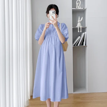 Сине-белая летняя одежда для беременных с коротким рукавом и отложным воротником, женское платье для беременных, однотонные платья для беременных в стиле Empire