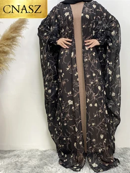 Новая Мода Лето Элегантный Узкий Манжетный Цветок Шифоновое Платье Абайя Мусульманские Женщины Кардиган Длинный Халат Платья Плюс Размер Платья Бежевый 0